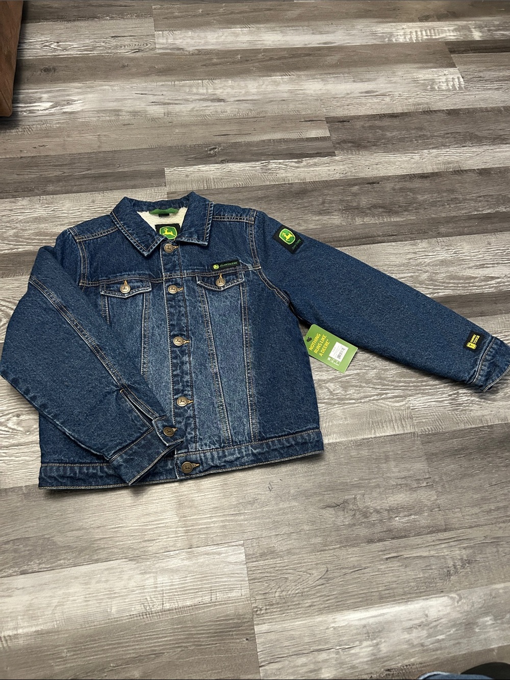 John Deere Blue Denim Kids' Trucker Jacket with Green Logo Accents
